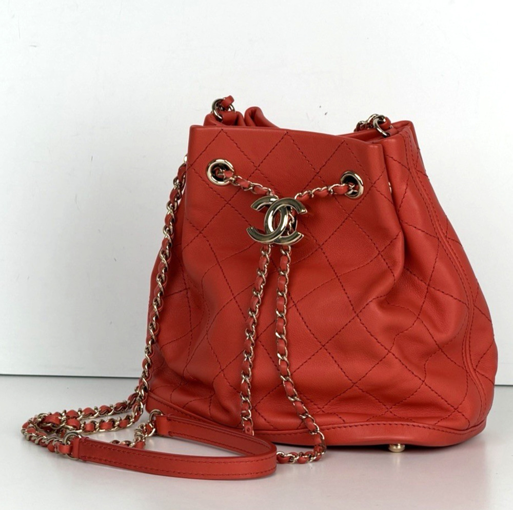 Chanel Quilted Leather Drawstring Bucket Crossbody Small Bag Coral Red 2019 D4